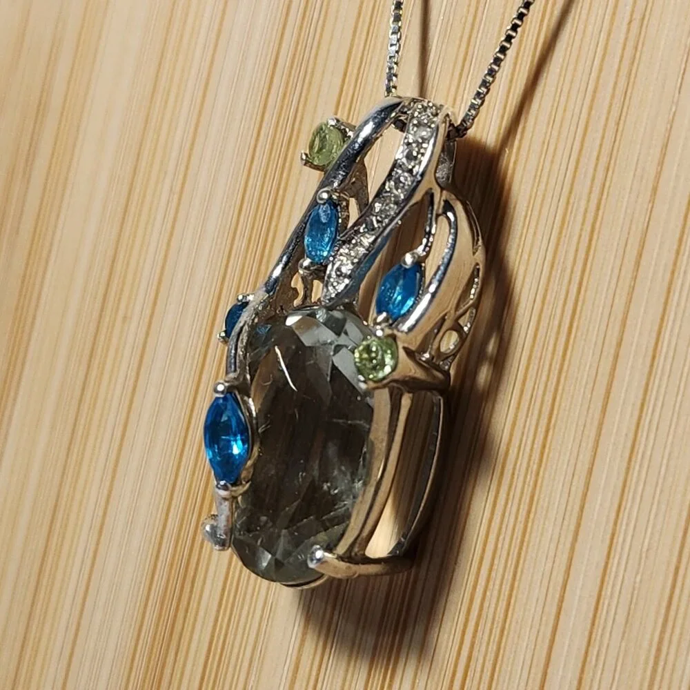 VTG 925 Natural Prasolite / Green Amethyst w/ Neon Apatite & Peridot Pendant 18" - Picture 6 of 11